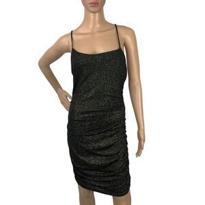 Vintage Y2K SABORA Dress Size L Glitter Ruched Bodycon Black Party Cocktail Club